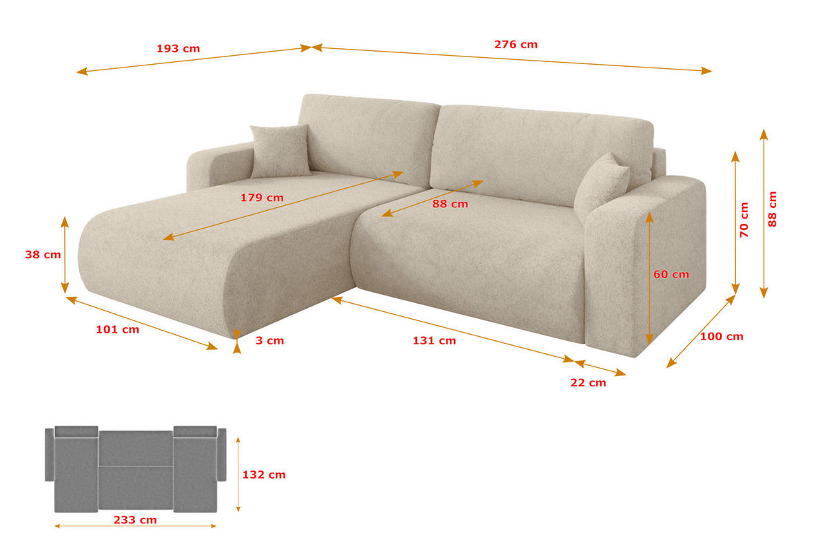 ROHOVÁ SEDAČKA s funkcí spaní, otoman vlevo BERY-L 276x193x88 krémová velur - černá/krémová, kompozitní dřevo/textil (276/193cm) - ALTDECOR