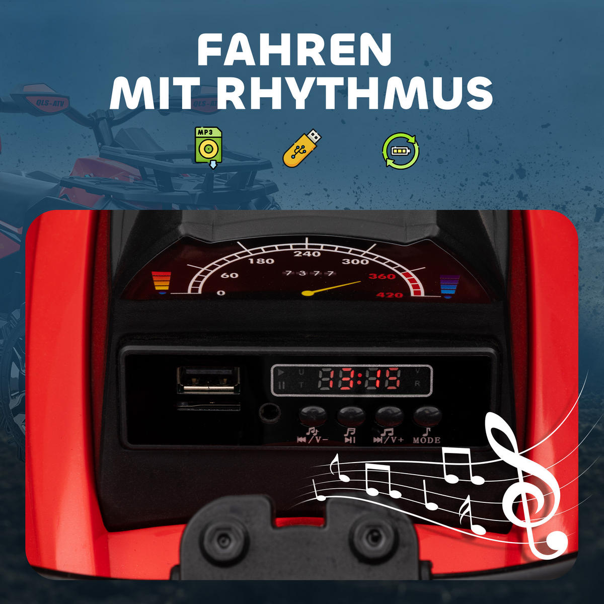 ELEKTRO-QUAD Kinderquad mit Scheinwerfer, Kindermotorrad mit USB-Anschluss, Rot - Rot, Metall (100/65/73cm) - HOMCOM