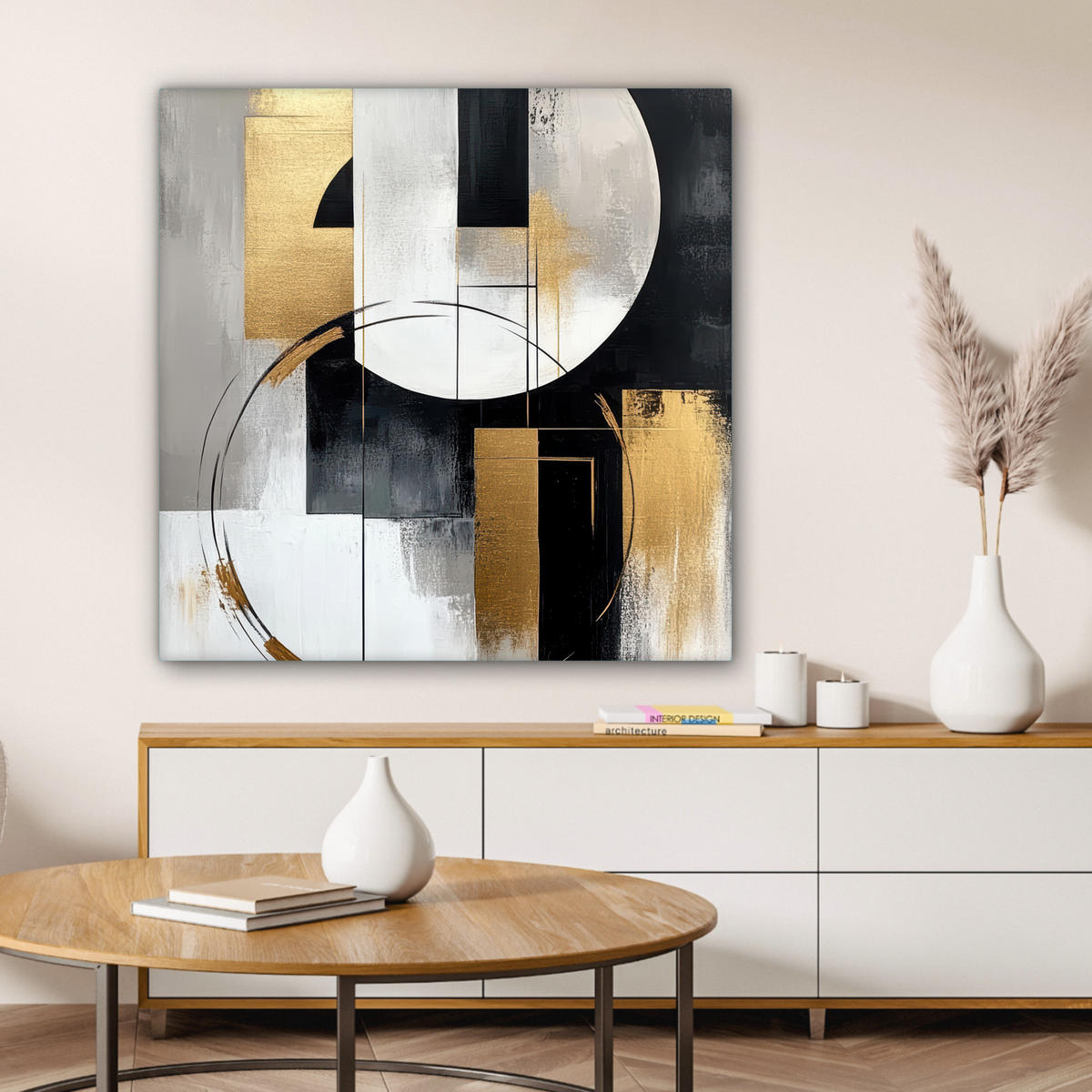 LEINWANDBILD - Abstrakt - Gold - Silber - Formen - Ästhetik - 90x90 - Gemälde - Multicolor, Textil (90/90cm) - MuchoWow