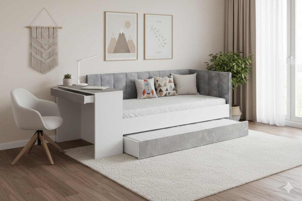 JUGENDBETT FABIAN 90/200 cm in Weiß/Beton rechts - Weiß/Grau, Holzwerkstoff/Textil (90/200cm) - Deine Möbel 24