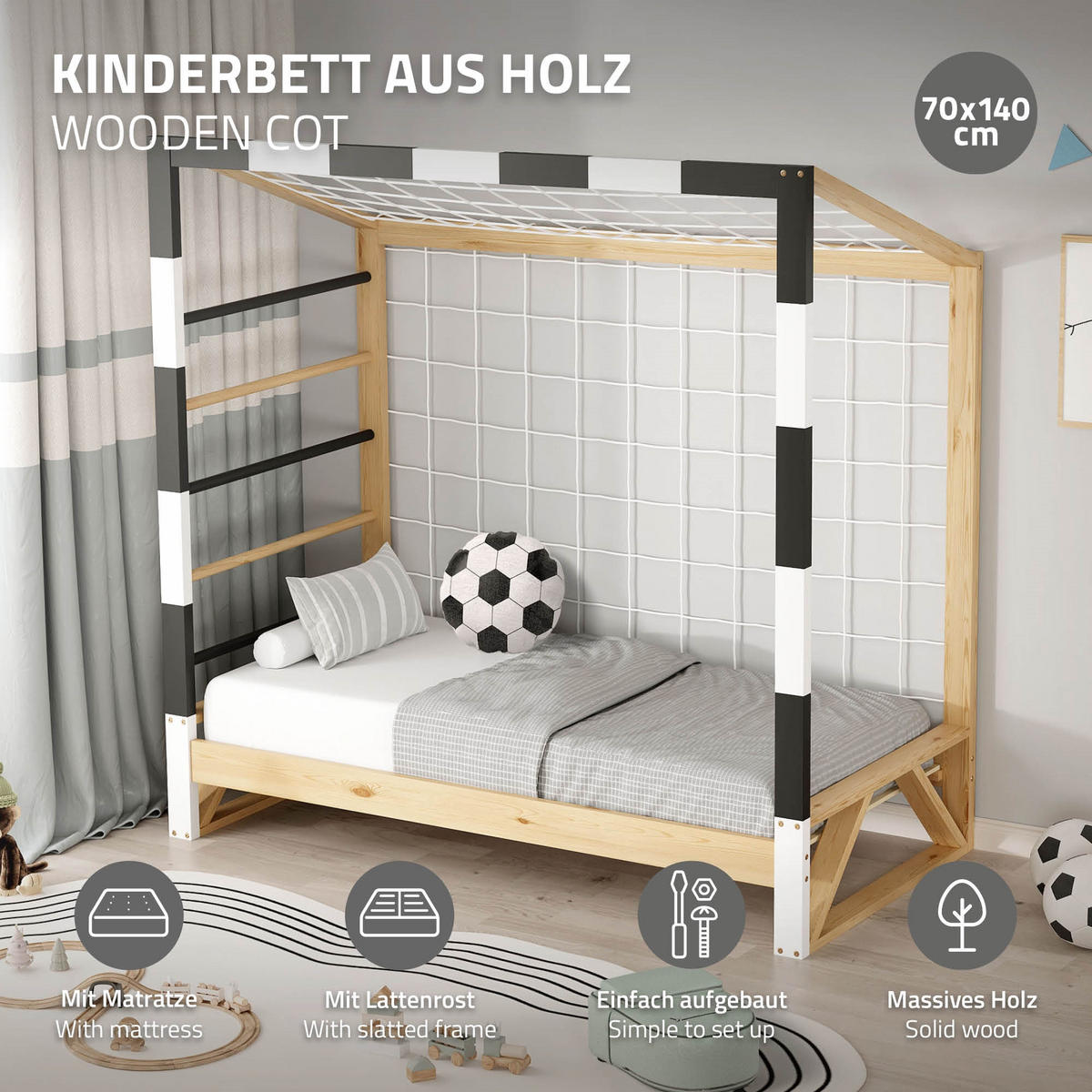 KINDERBETT Fußballtor mit Matratze 70 x 140 cm Schwarz-Weiß Kiefernholz - Naturfarben, Holz (70/150cm) - ML-DESIGN