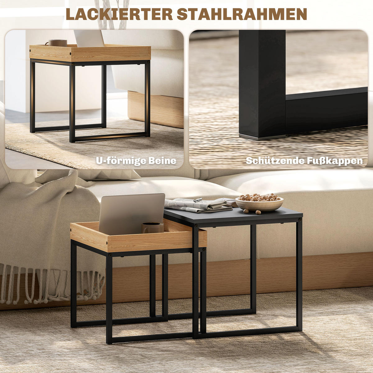 2ER-SET Couchtisch, Eckiger Beistelltisch, Kaffeetisch mit Stahlgestell bis 30kg - Schwarz, Metall (45/45/45cm) - HOMCOM