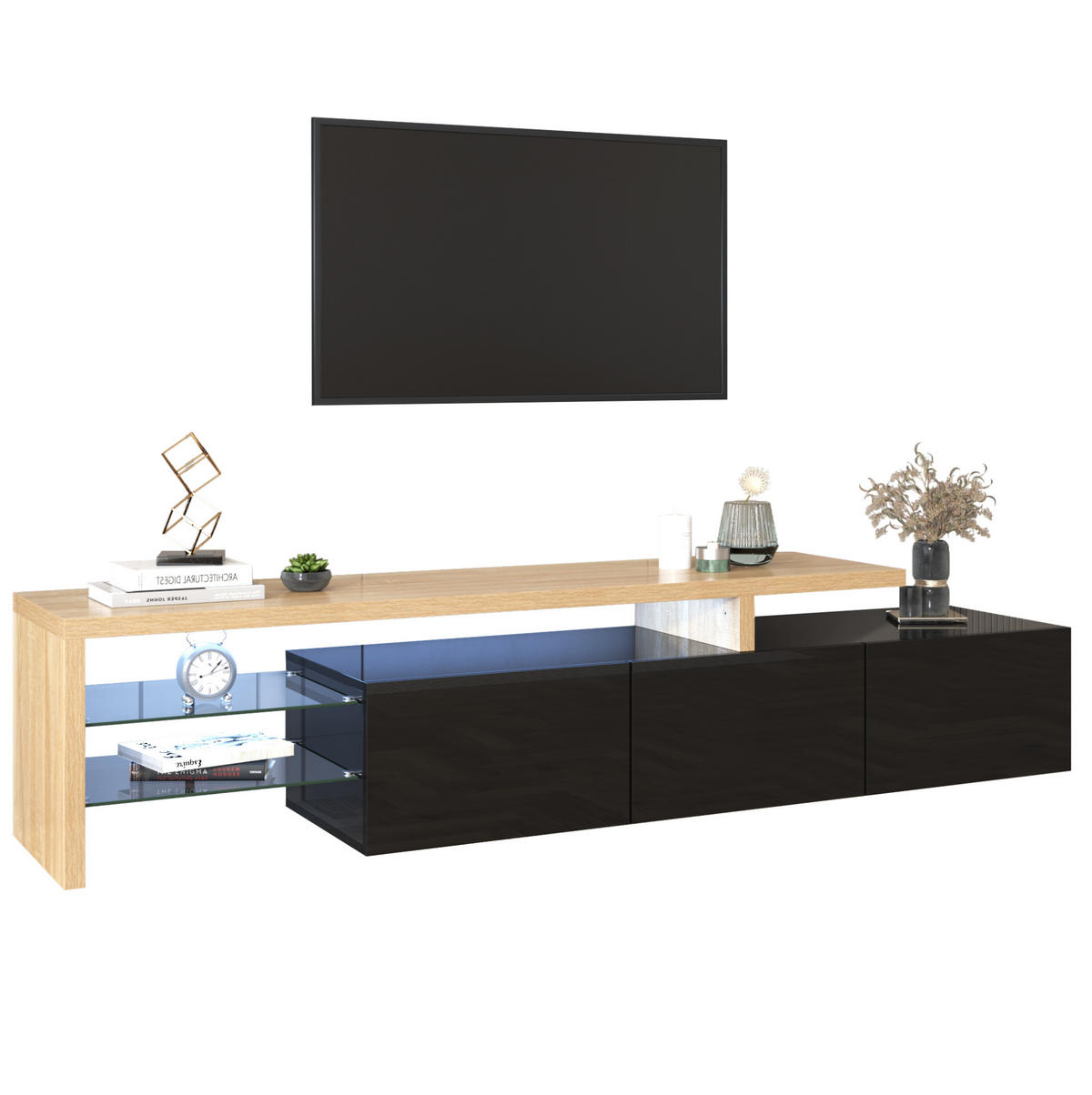 LOWBOARD 197.5/39/42 cm in Natur/Schwarz aus MDF und Glas mit 7-farbiger LED-Beleuchtung - Naturfarben, Holzwerkstoff (39/42/197.5cm) - OKMYHOME