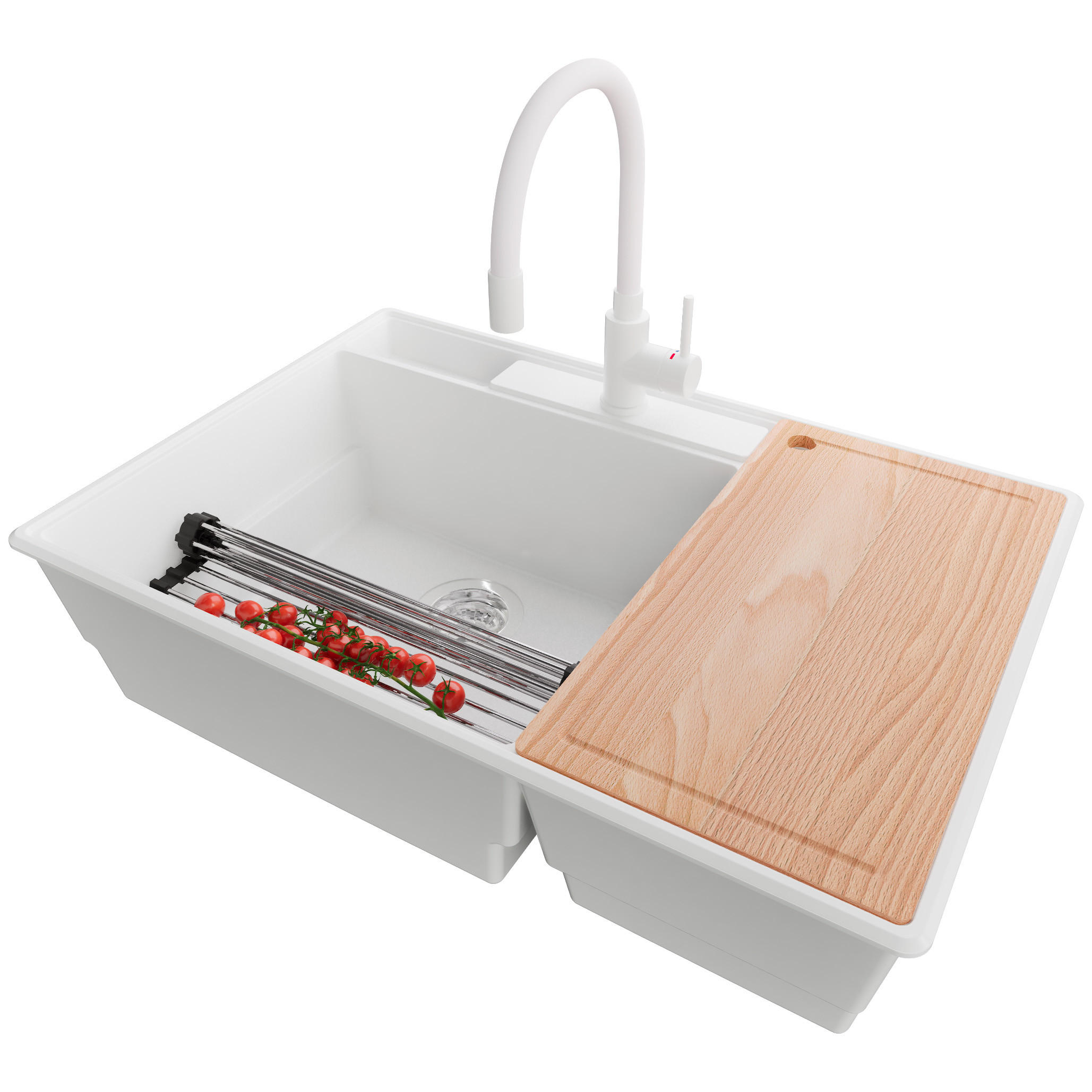 GRANITSPÜLE Paris, 2-er set Weiß 78/53 cm 2 Becken + Küchenarmatur 38/14 cm + Ablauf-Set + Küchenzubehörset ab 80er Unterschrank - Chromfarben/Edelstahlfarben, Kunststoff (78/20/53cm) - Primagran