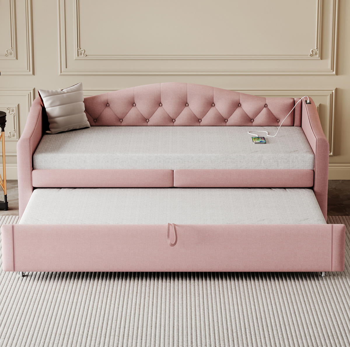 ČALÚNENÁ posteľ z ľanovej látky 90x200 cm ružová s USB portom a lamelovým roštom - pink, textil (90/200cm) - Modfu
