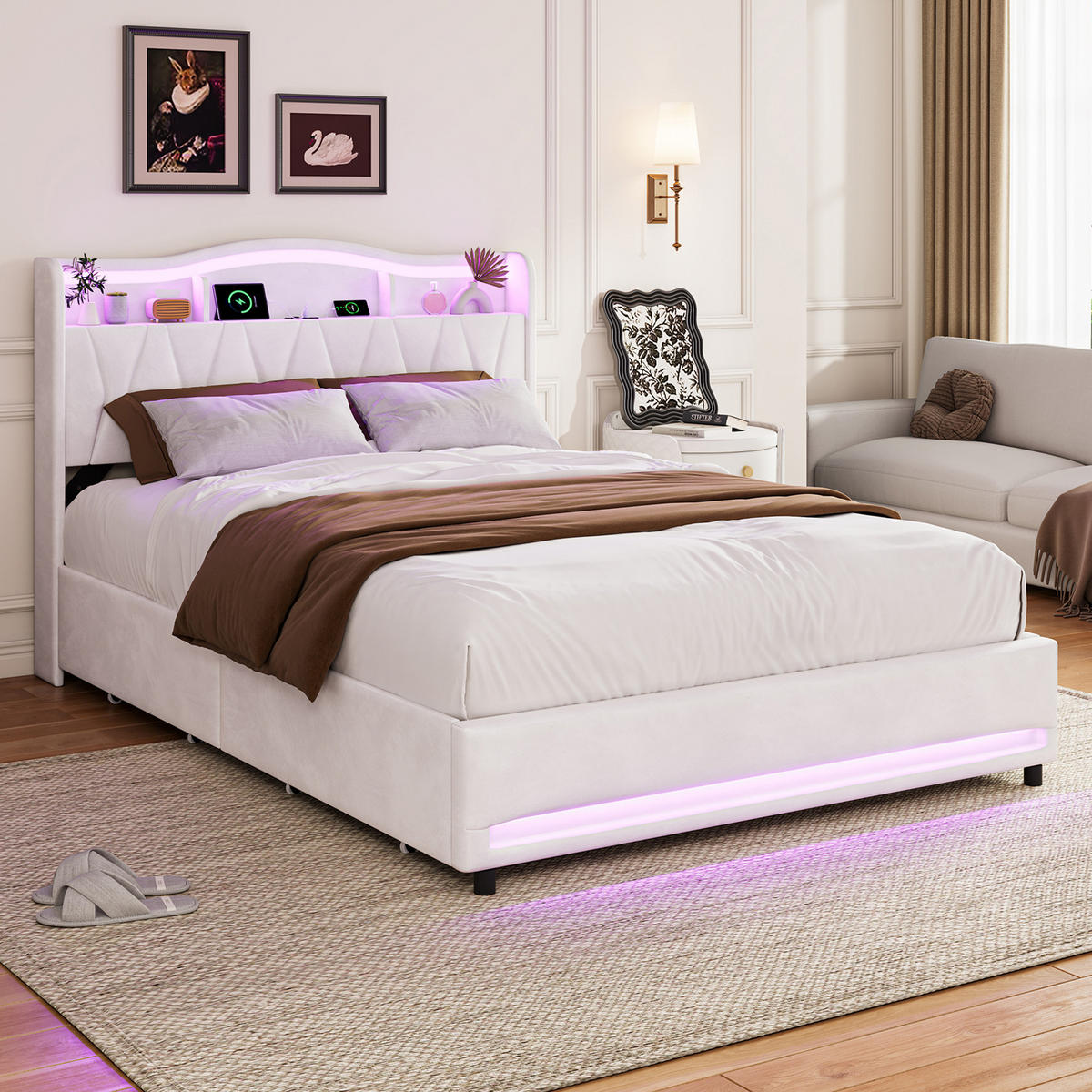 POLSTERBETT 140/200 cm mit Stauraumschubladen, Ablagekopfteil & Fußteil mit mehrfarbigem LED-Licht, USB-Anschluss, samtiger Velours-Bezug - Beige, Holz/Metall (140/200cm) - Joyfair