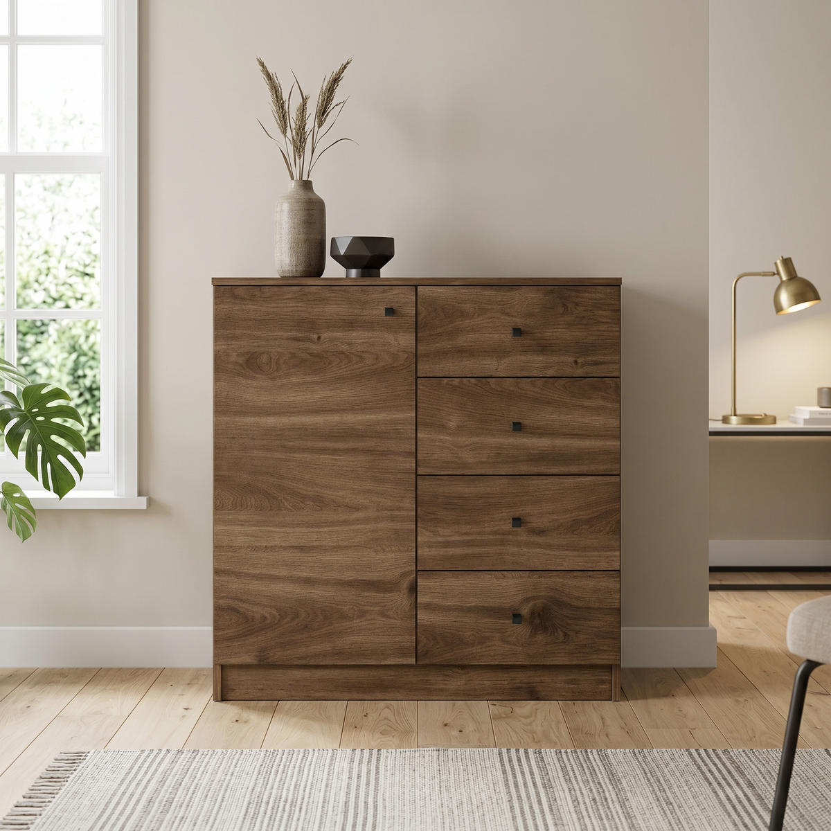 KOMMODE NESTOS 80/87/40cm mit 4 Schubladen 1 Türen Braun - Braun, Holzwerkstoff (80/87/40cm) - MASSENO