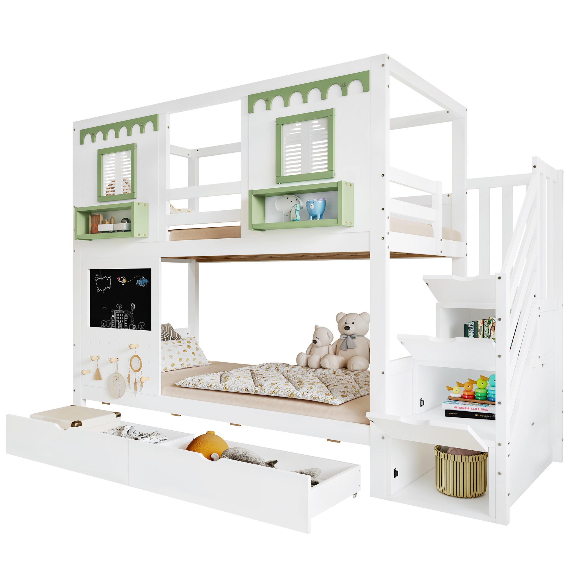 ETAGENBETT 90/200 cm weiß/grün aus Kiefer, MDF und Sperrholz mit Stauraum - Weiß, Holz (90/200cm) - OKWISH