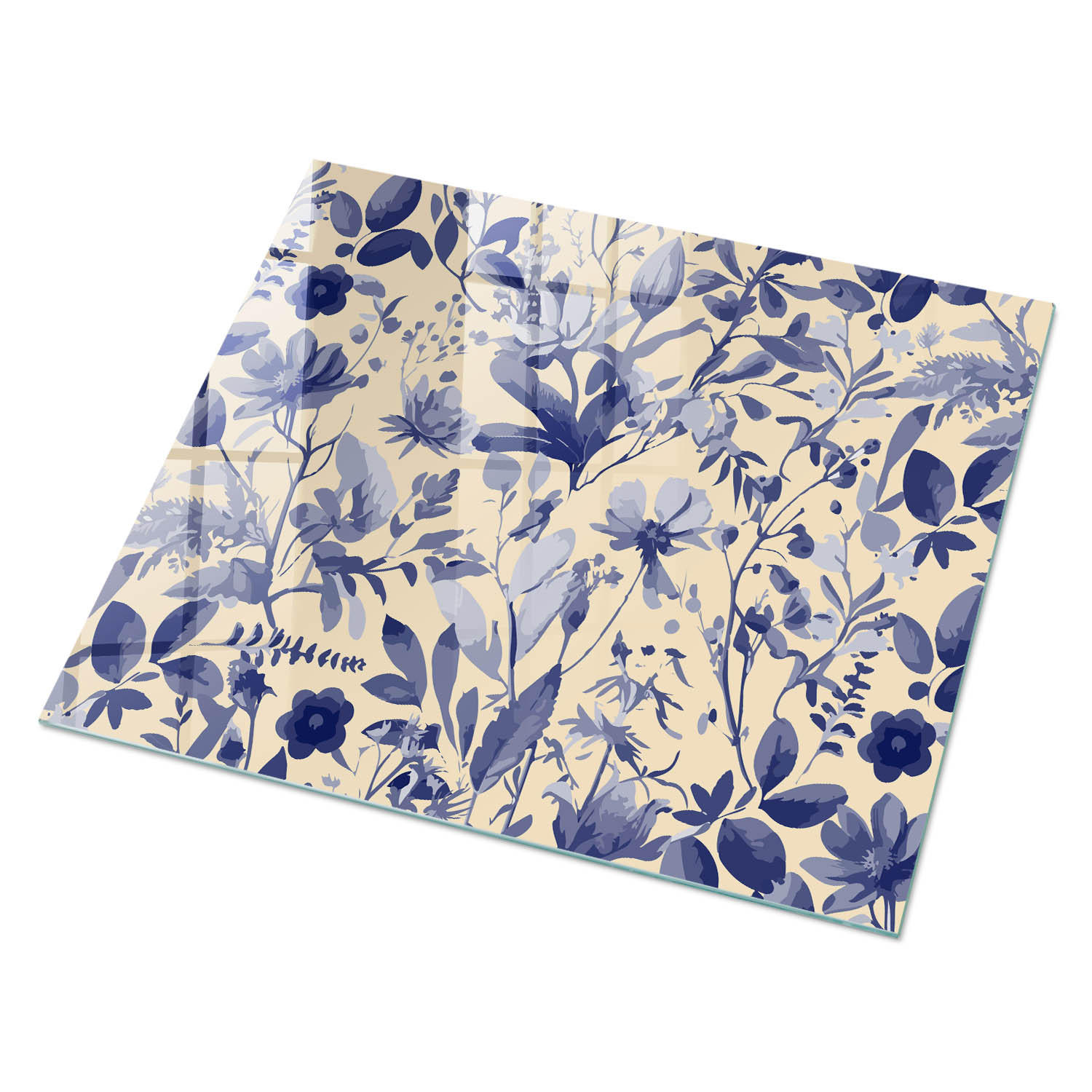 GLASPLATTE 80x60 cm – Blaue Blumen - Creme, Glas (0.4/80/60cm) - ArtPrintCave