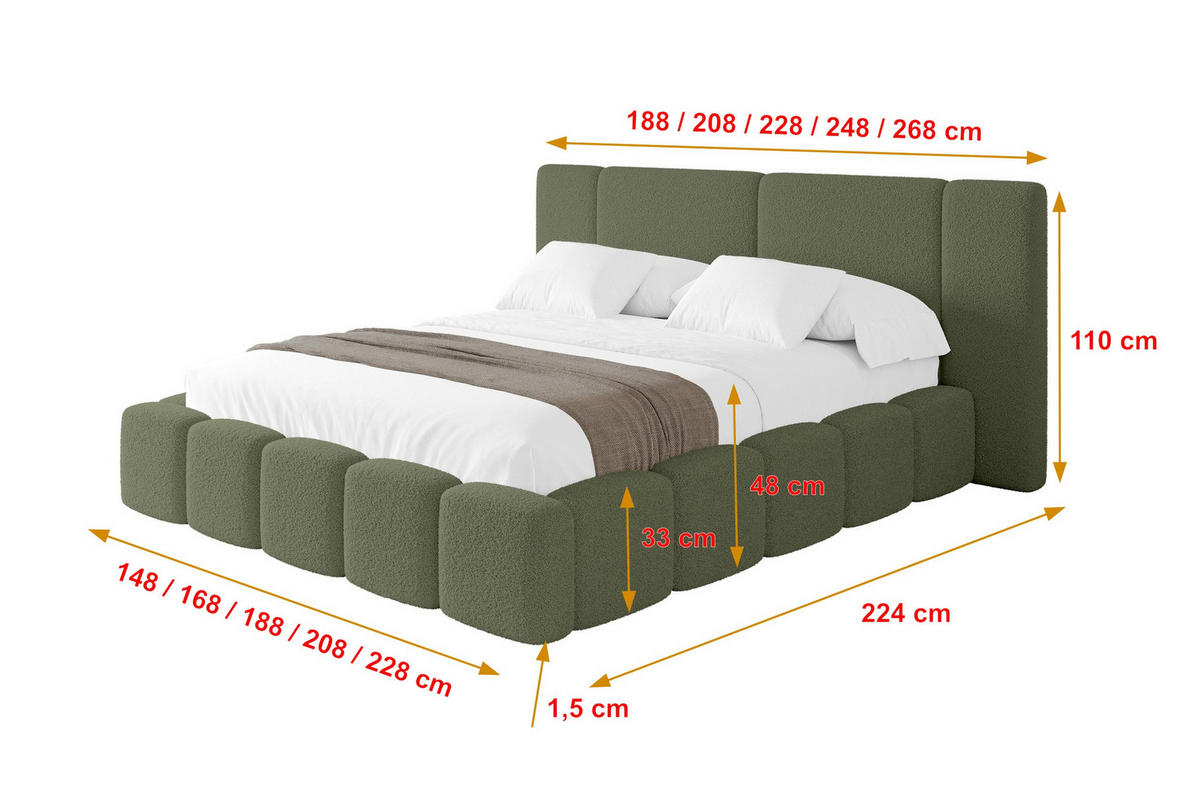 POLSTERBETT mit Bettkasten und Lattenrost, Bett mit Matratze H3/H4 - NILO 140x200 Grün - Olivgrün, Holzwerkstoff/Textil (140/200cm) - ALTDECOR