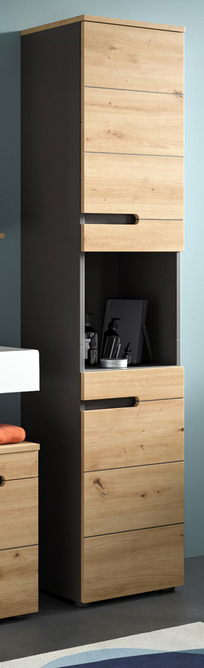 HOCHSCHRANK Eiche, grau 38 x 193 cm, Badschrank mit Soft-Close - Eiche Artisan/Grau, Holzwerkstoff/Kunststoff (38/193/34cm) - Inn.Furn