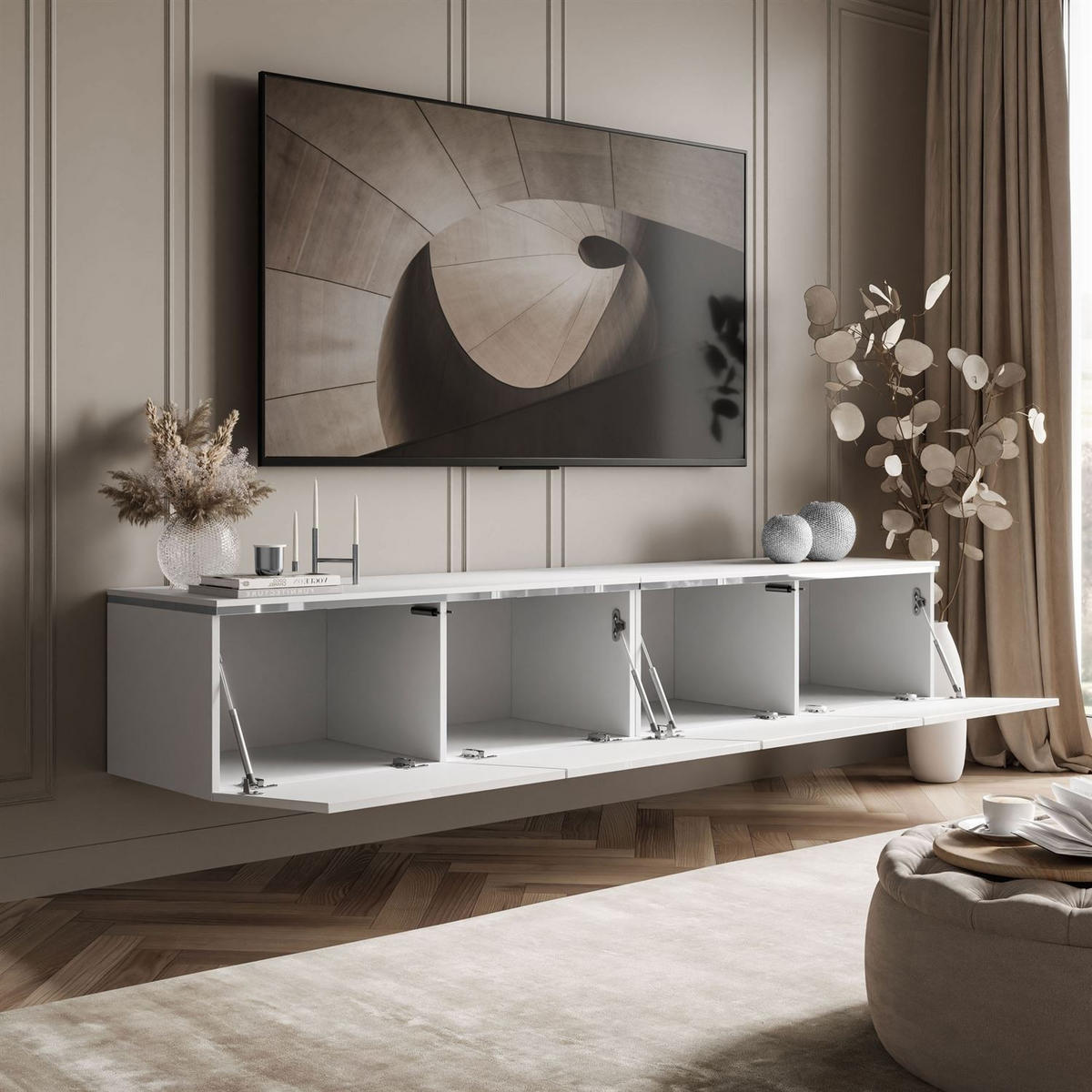 TV-RACK CELINE GLOSS SILVER 200 cm mit LED-Beleuchtung (hängend) - Weiß, Holzwerkstoff (200/48/40cm) - Lookway