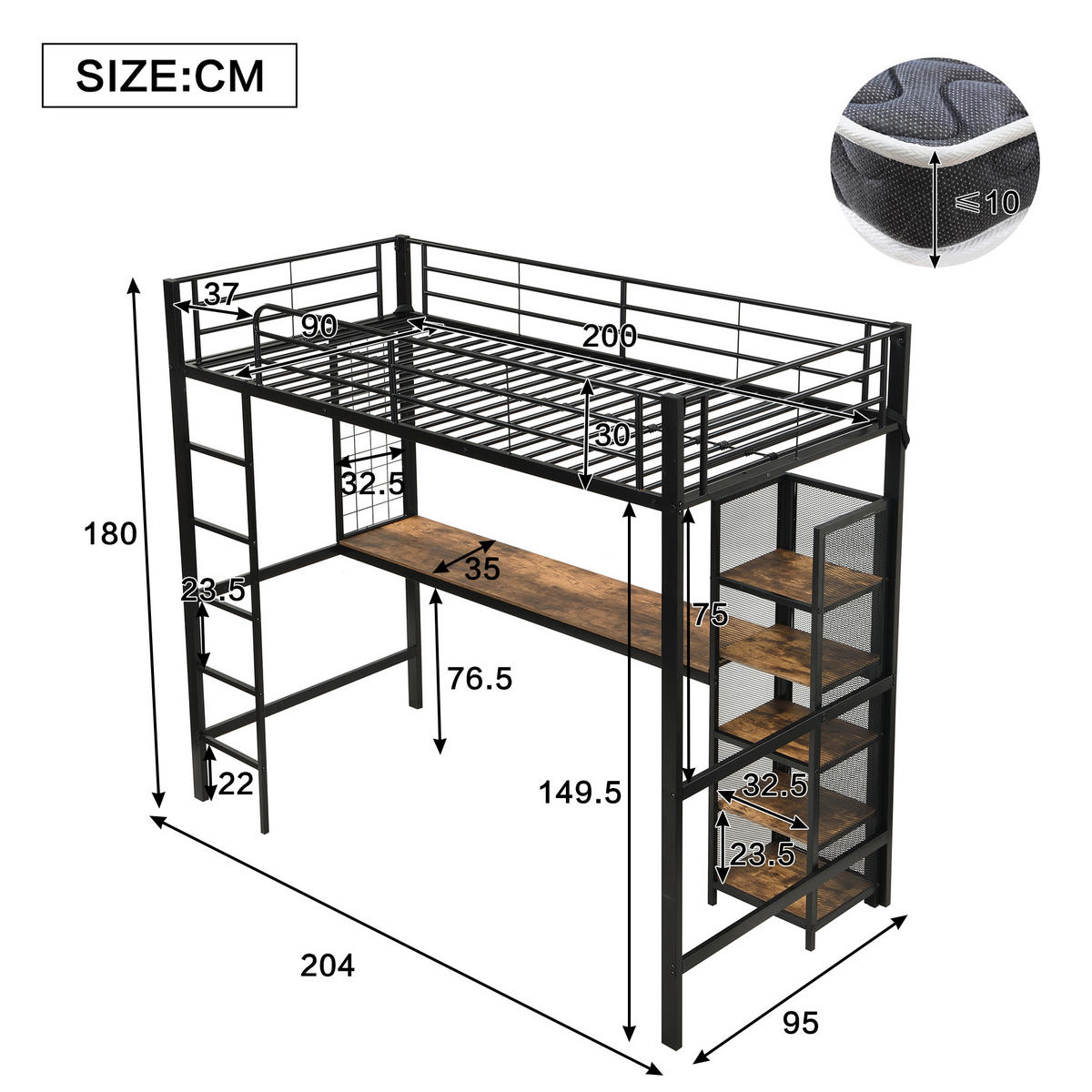 HOCHBETT 90/200 cm mit Schreibtisch und Stauraum in Schwarz/Dunkelholz - Schwarz, Holzwerkstoff (90/200cm) - BEAOK