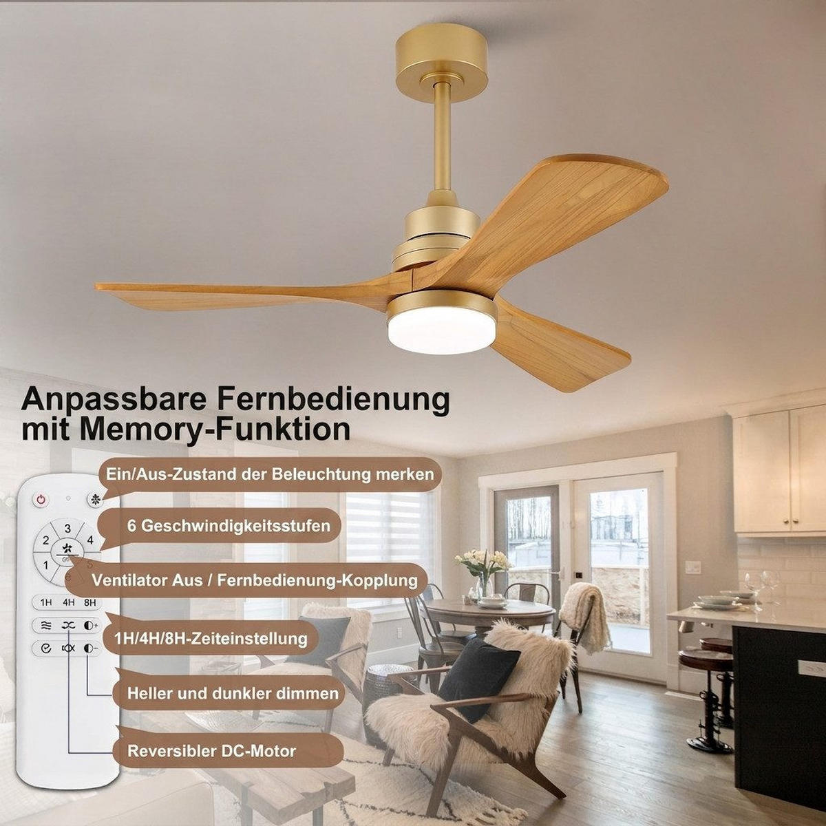 DECKENVENTILATOR & LED-Beleuchtung/Fernbedienung Sommer/Winter Betrieb - Goldfarben, Metall (107/107/53cm) - BEXEVUE