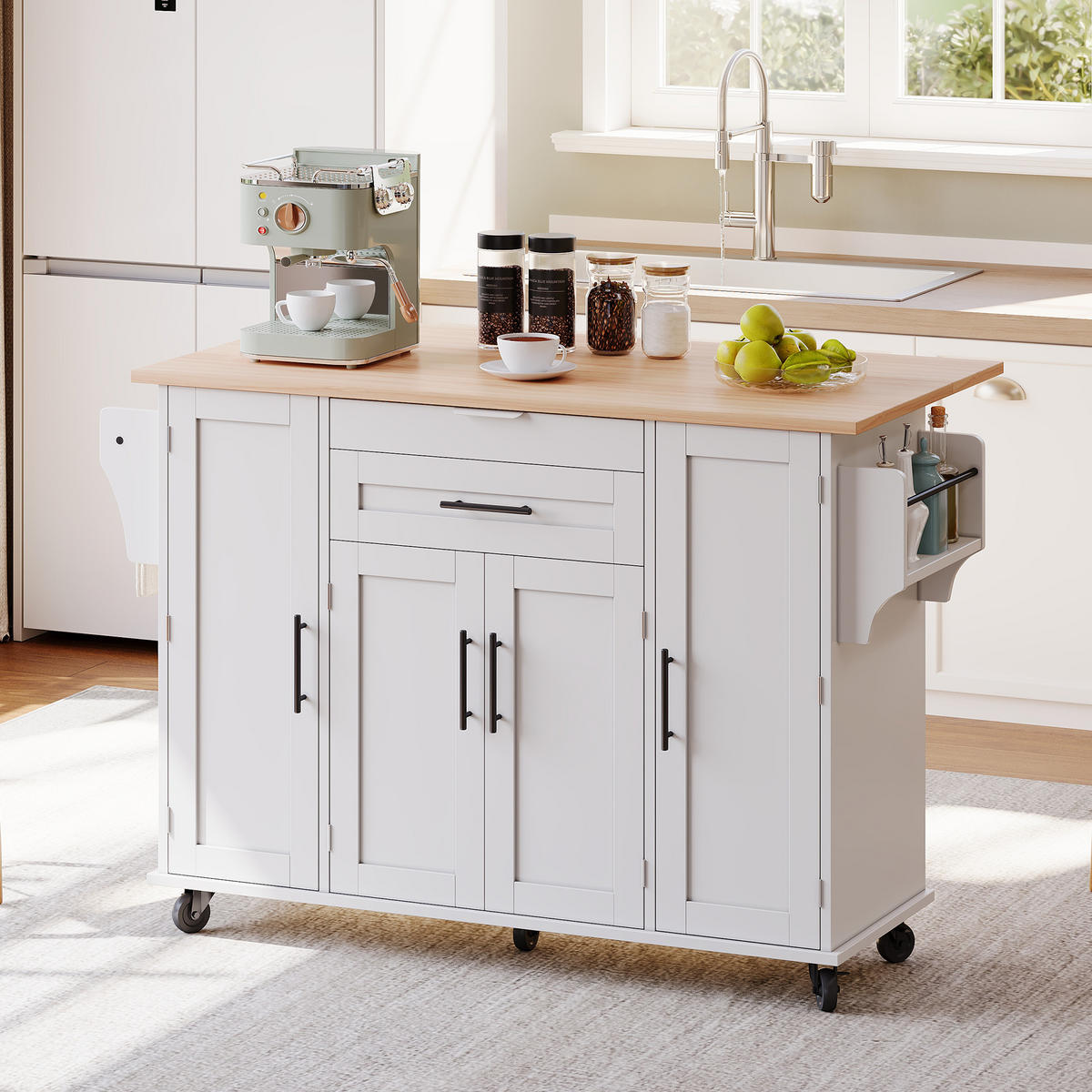 KÜCHENINSEL in Naturfarbe Servierwagen mit Besteckschubladen und Einlegeböden für Küche und Esszimmer, B136/T70/H92 cm - Weiß, Holzwerkstoff (120/92/45cm) - STILVORA