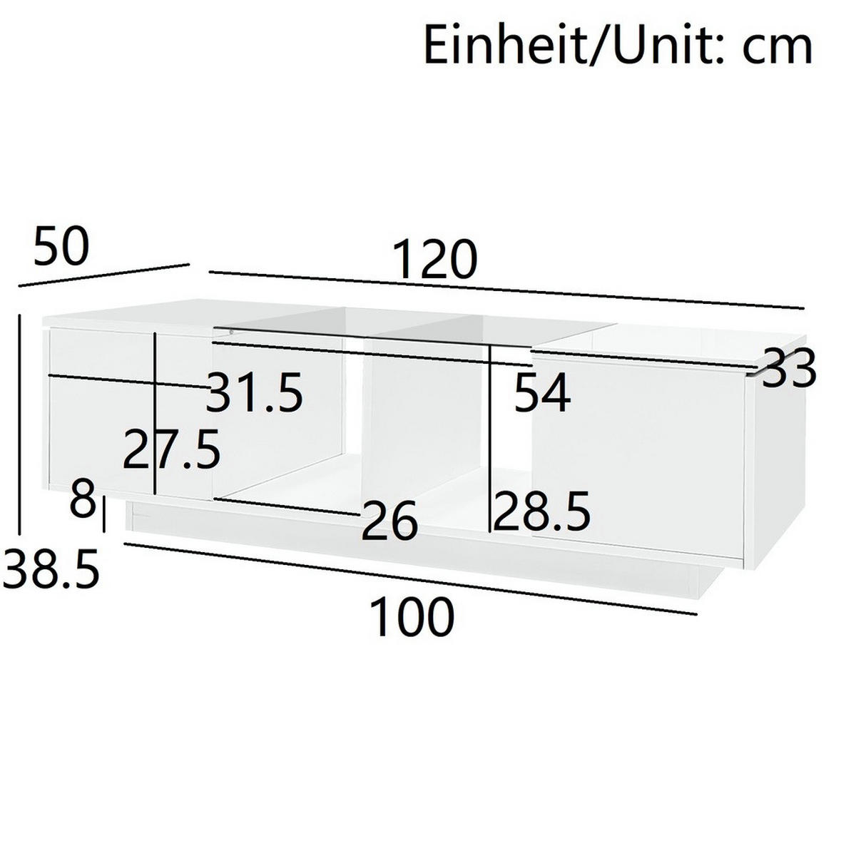 COUCHTISCH LED-Beleuchtung Hochglanz Weiß Glas & MDF 120x50cm - Weiß, Holz (129.49/59.51/14.99cm) - FLIEKS