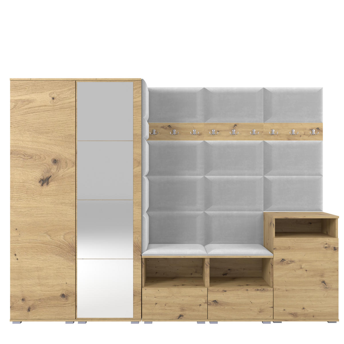 GARDEROBE NELA VIII 250 cm (Modulare Flurmöbel Artisan Eiche mit Spiegel & Sitzpolster Hellgrau 32 Set XL) - Silberfarben/Hellgrau, Holz/Holzwerkstoff (250/187/40cm) - Ravio