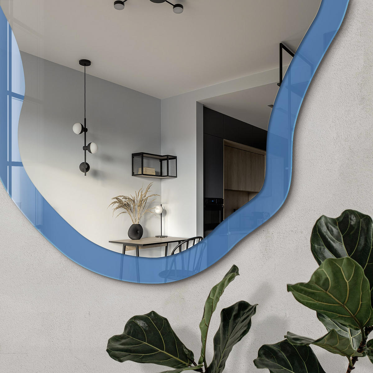 SPIEGEL 90x45 cm asymmetrisch mit Druck - Blaue Farbe - Transparent, Glas (45/90/0.4cm) - TULUP
