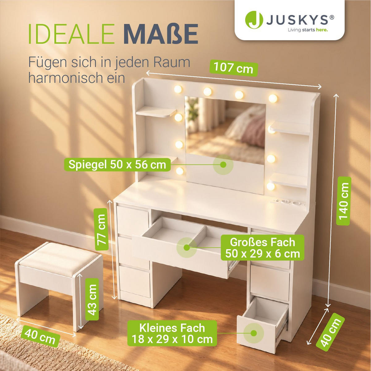 SCHMINKTISCH Malia mit LED und Hocker Melly - Weiß, Holz (107/140/40cm) - Juskys