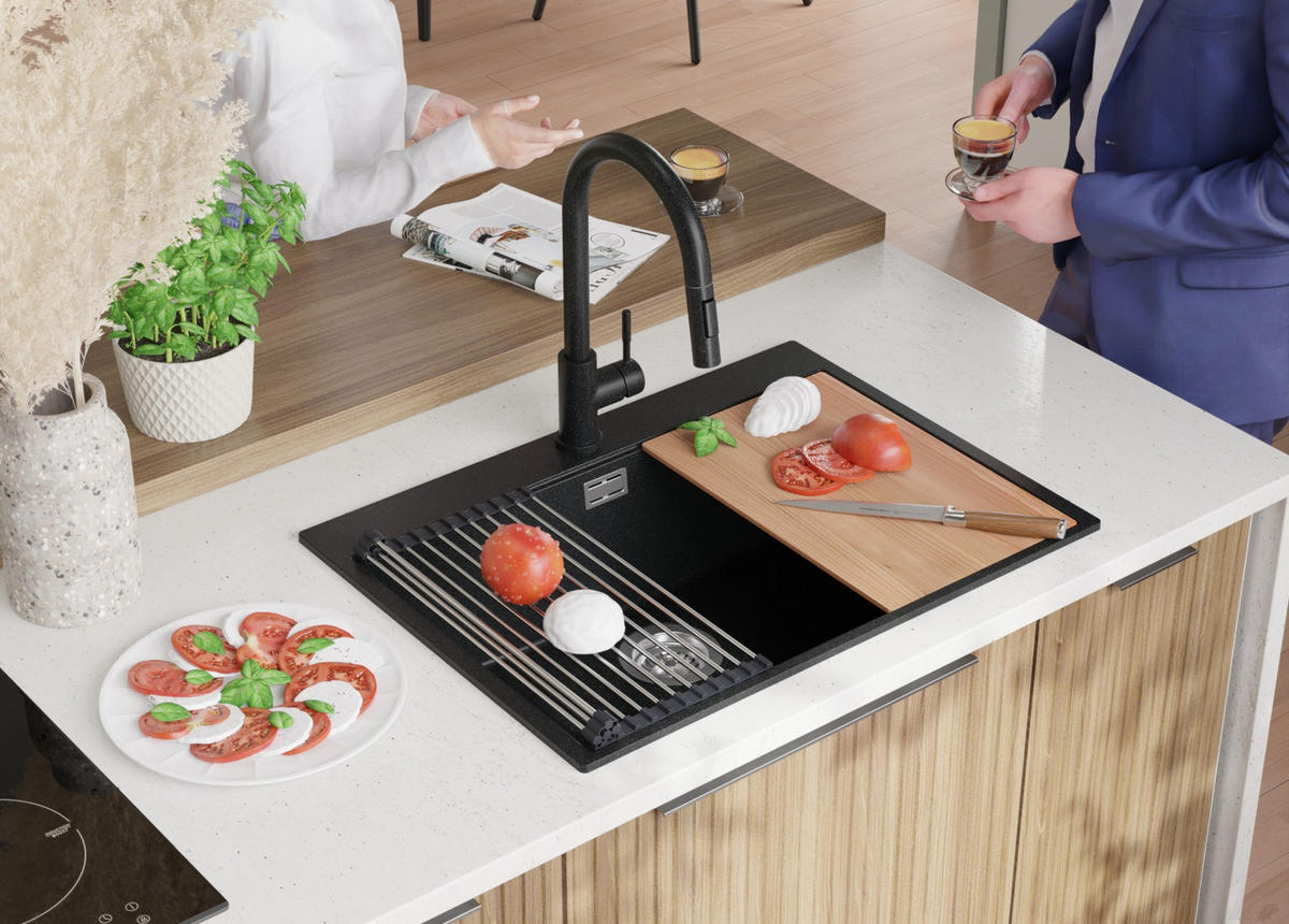 SPÜLBECKEN Oslo, 2-er set Anthrazit 68/50 cm 1 Becken + Ablauf-Set + Schneidebrett ab 70er Unterschrank - Chromfarben/Anthrazit, Kunststoff (68/20/50cm) - Primagran