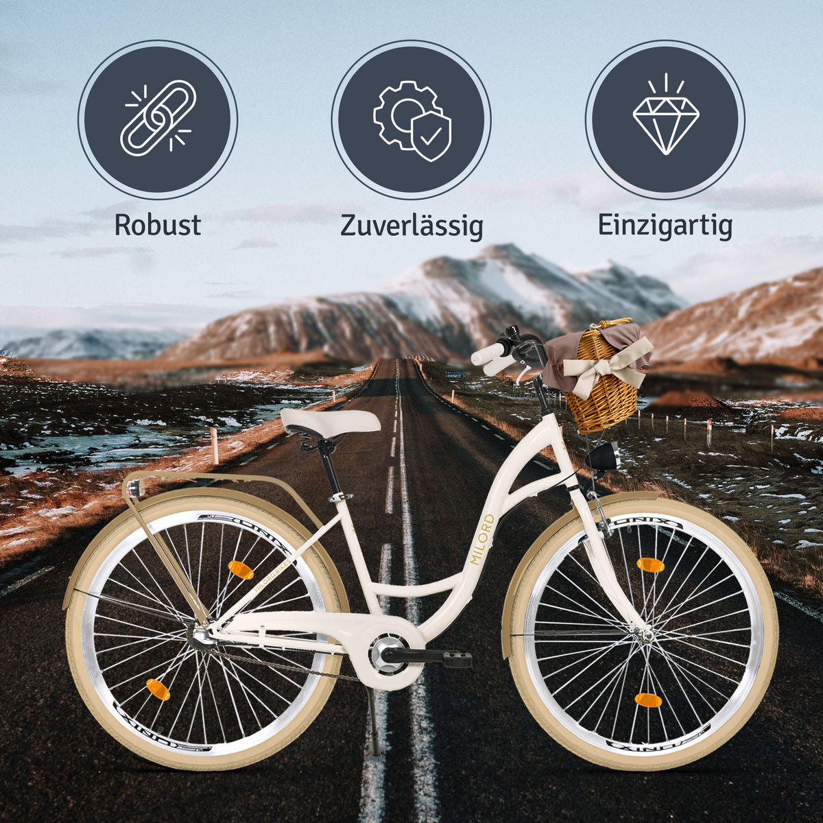 CITY-FAHRRAD Milord mit Weidenkorb, 28 Zoll, Creme-Braun, 3-Gang - Creme/Braun, Metall (46cm) - Milordbikes