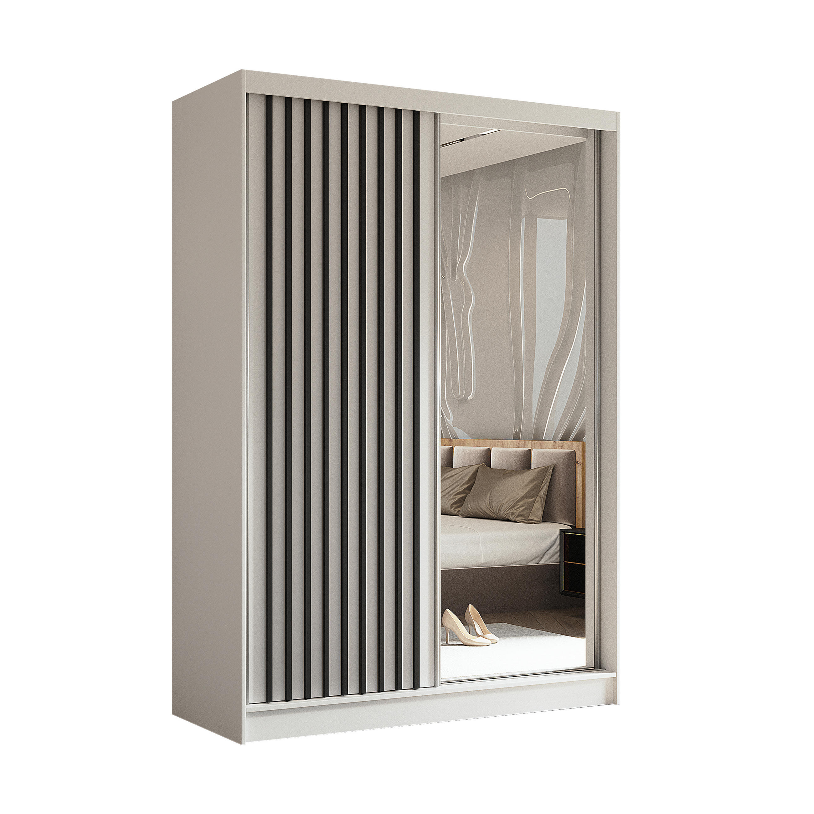 SCHWEBETÜRENSCHRANK Cabinio Weiß Schwarz 150/216/61 cm – mit Spiegel und Lamellen - Schwarz/Weiß, Holzwerkstoff/Kunststoff (150/216/61cm) - AX Living