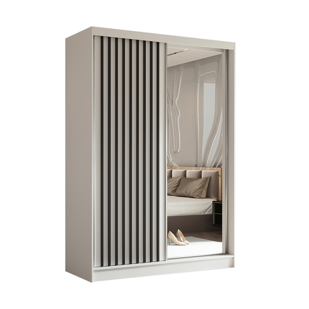 SCHWEBETÜRENSCHRANK Cabinio Weiß Schwarz 150/216/61 cm – mit Spiegel und Lamellen - Schwarz/Weiß, Holzwerkstoff/Kunststoff (150/216/61cm) - AX Living