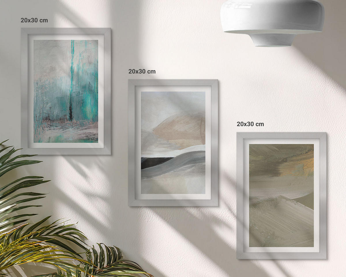 BILDER SET 3er Set - 20x30 cm Silberner Rahmen - Gemalte abstrakte Dekorationen - Silberfarben, Kunststoff (20/30cm) - TULUP