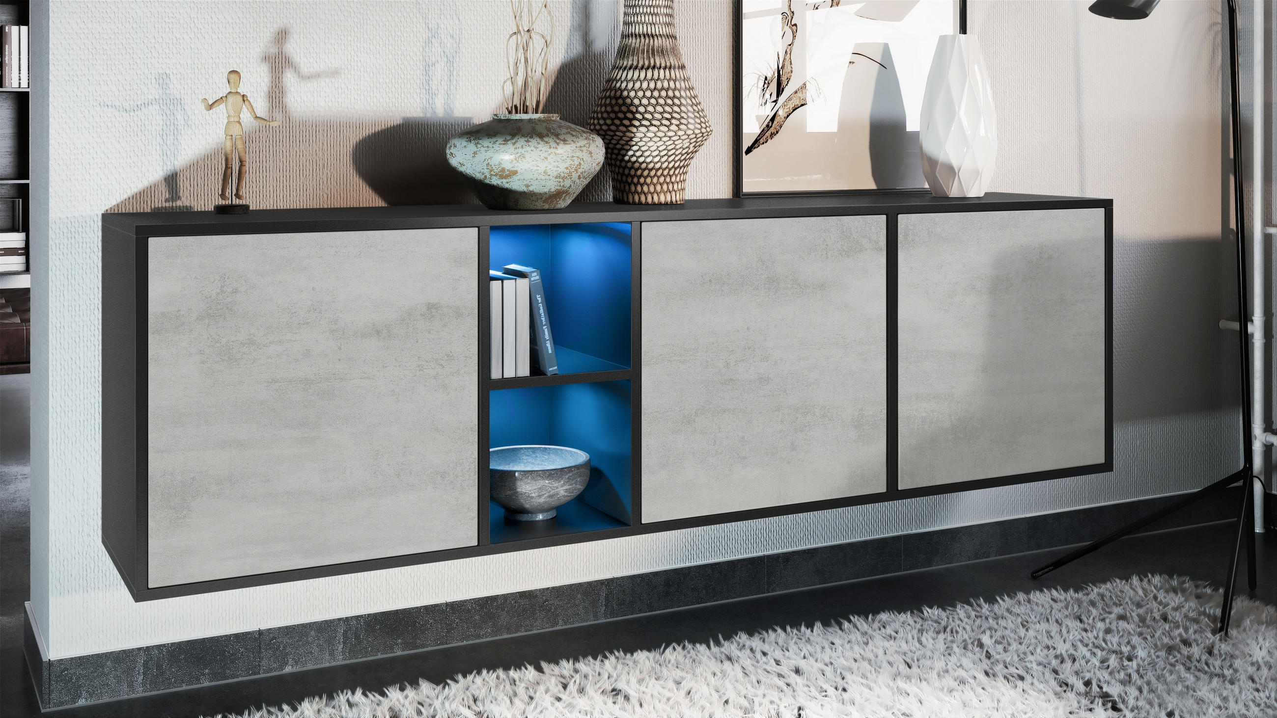 SIDEBOARD Cuba Türen in Beton Oxid Optik - Hellgrau, Holzwerkstoff (182/53/35cm) - Vladon