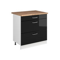 KÜCHENUNTERSCHRANK R-Line, Schwarz Hochglanz/Weiß, 80 cm mit 3 Schubladen Arbeitsplatte Goldkraft Eiche - Schwarz Hochglanz/Weiß, Holzwerkstoff (80/81.6/60cm) - Vicco