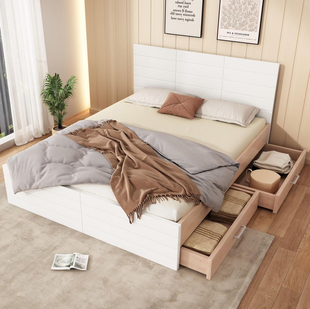POLSTERBETT aus Massivholz & MDF 160x200 cm in Weiß mit 2 Schubladen - Weiß, Holzwerkstoff (160/200cm) - Modfu