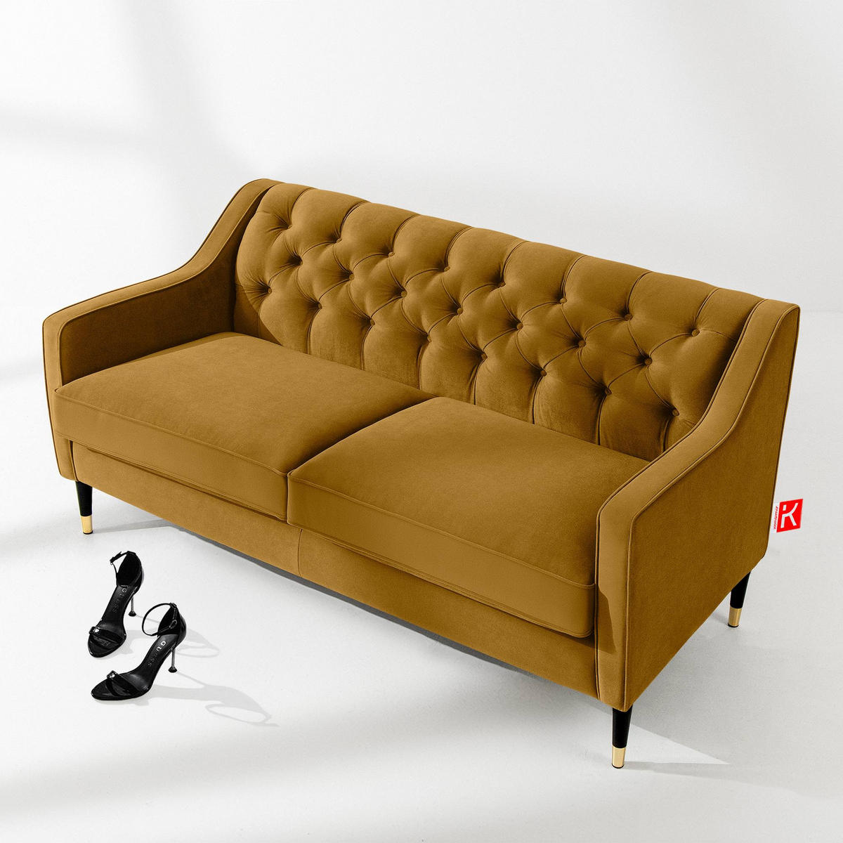 2-SITZER-SOFA NOMUS gesteppt, Gelb - Wengefarben/Gelb, Holzwerkstoff (170/78/80cm) - KONSIMO®