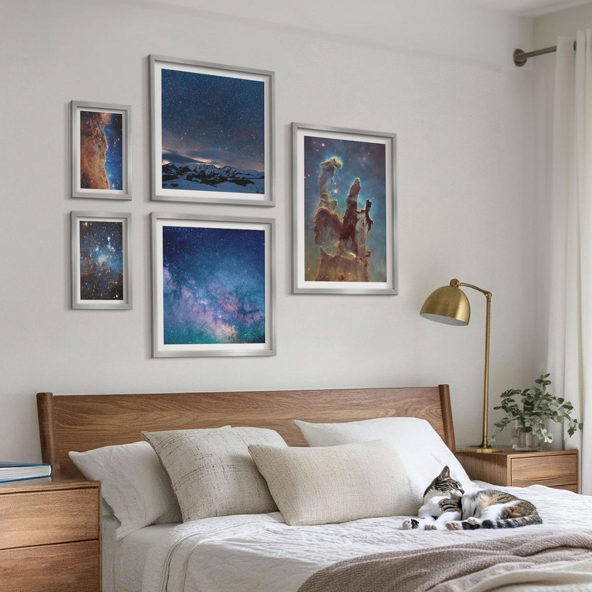 BILDER SET 5er Set - 50x50 cm & 20x30 cm & 40x60 cm Silberner Rahmen - Weltraumlandschaften von Galaxien - Silberfarben, Kunststoff (40/60cm) - TULUP