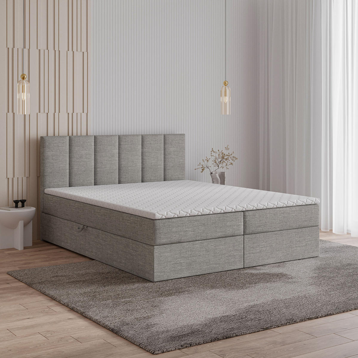 POSTEL BOXSPRING MERIL 160x200 cm, s matrací a úložným prostorem, světle šedá - světle šedá, kompozitní dřevo/textil (160/200cm) - MASSENO