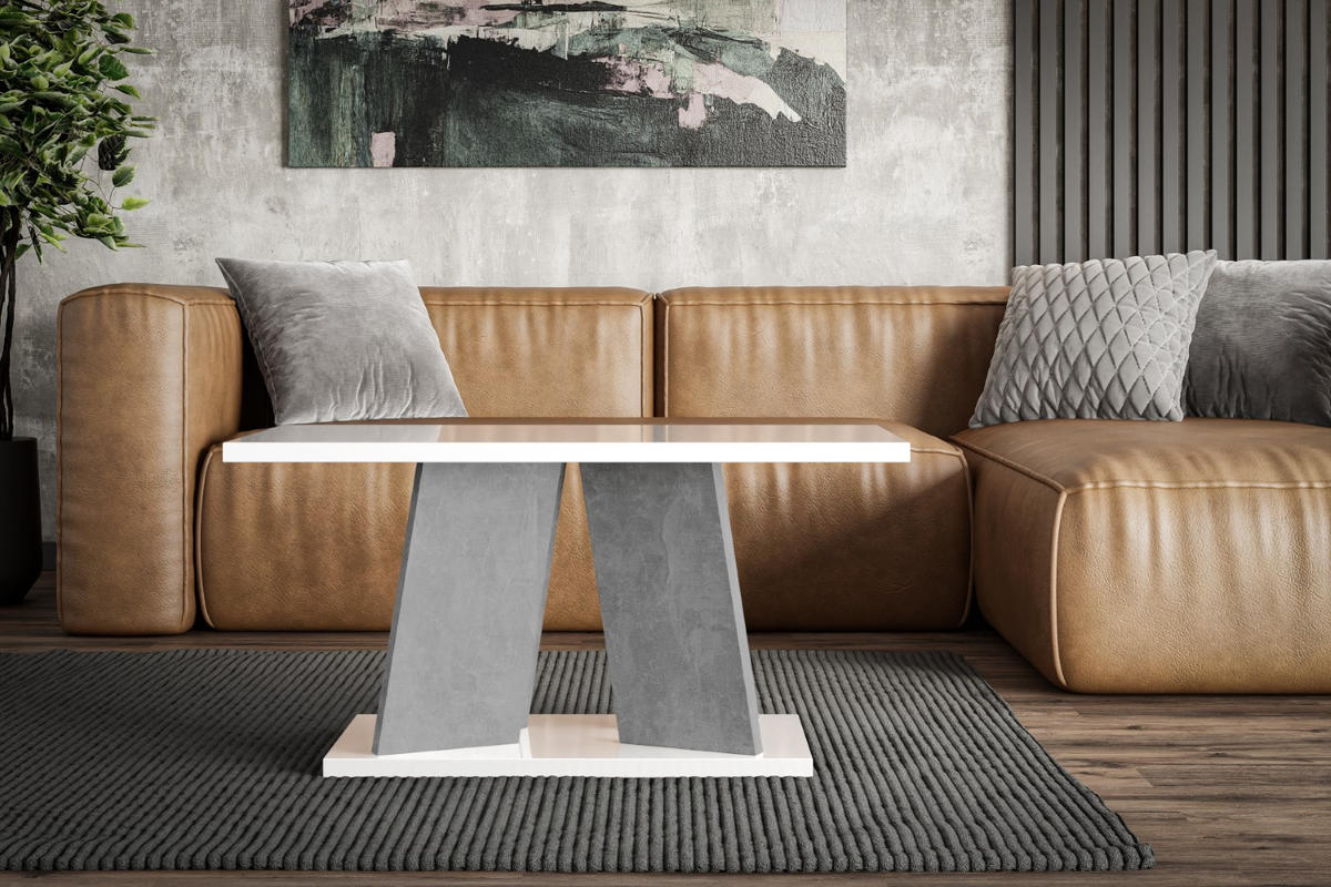 KAFFEETISCH 110x70x60 cm - Hochglanz Weiß / Betonoptik - UFOM - Weiß Hochglanz, Holzwerkstoff (110/70/60cm) - ALTDECOR