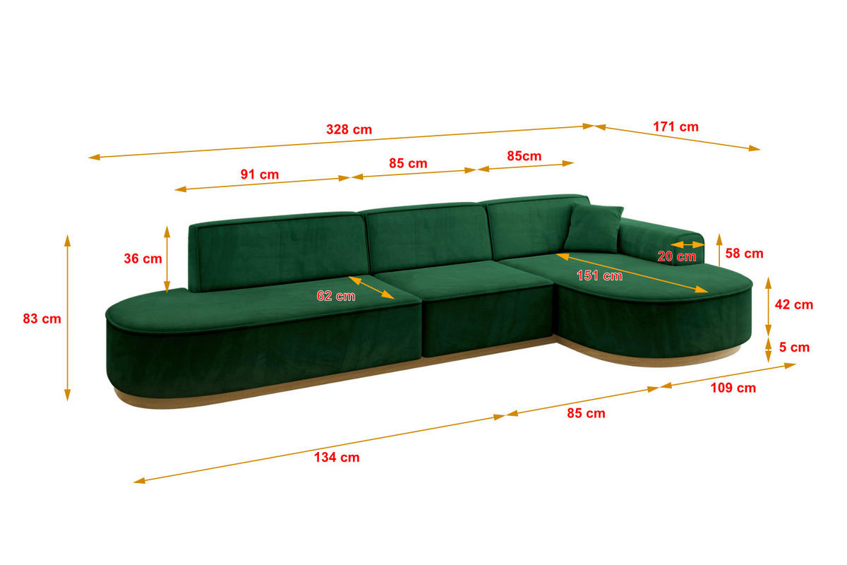 ECKSOFA Ottomane Rechts MARI-L2-v2 - 328x171x83 cm Dunkelgrün Velours - Dunkelgrün, Holzwerkstoff/Textil (171/328cm) - ALTDECOR