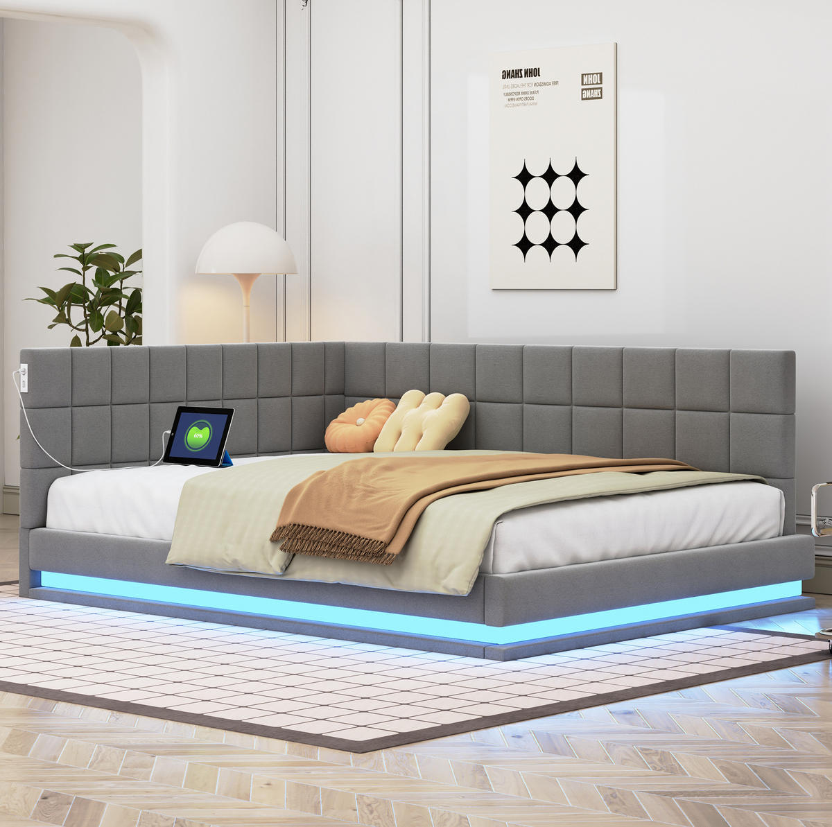 POLSTERBETT 140/200 cm grau aus Leinen mit LED und USB - Grau, Textil (140/200cm) - OKWISH