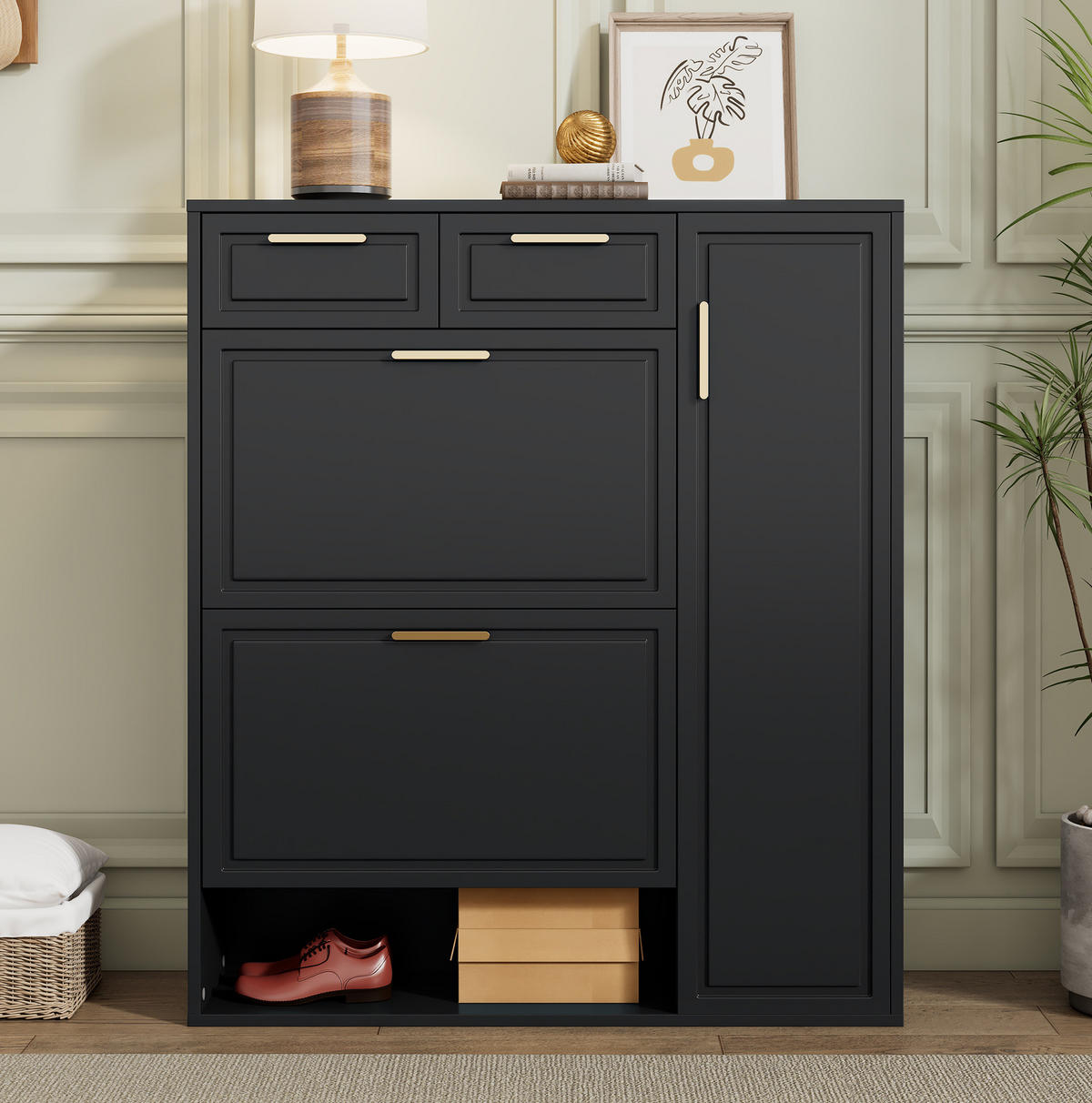 SCHUHSCHRANK aus Spanplatte & MDF 95x24x107.5cm in Schwarz mit Schubladen - Schwarz, Holzwerkstoff (95/107.5/24cm) - Modfu