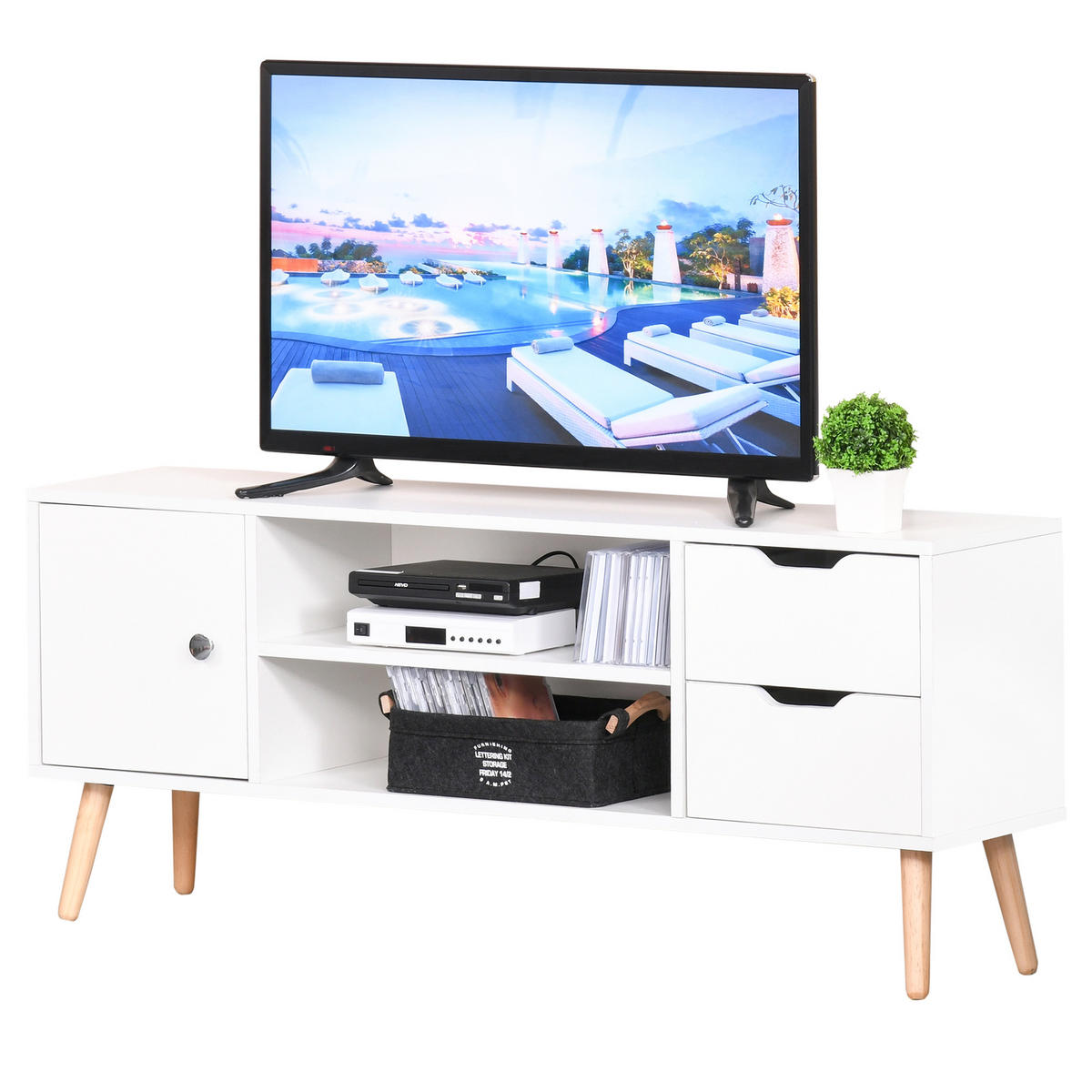 LOWBOARD DE-16075 mit Schrank, 2 Nischen & 2 Schubladen Weiß/Kiefer - Weiß, Holzwerkstoff (120/44/28cm) - ComfortXL