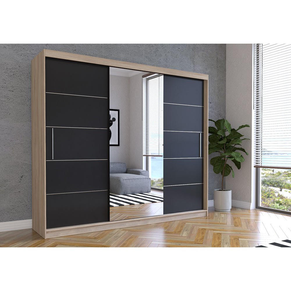 SCHWEBETÜRENSCHRANK ALBA Sonoma Eiche, Schwarz + Spiegel, ohne LED Beleuchtung 250 cm - Schwarz/Alufarben, Glas/Holzwerkstoff (250/218/61cm) - imoebel24