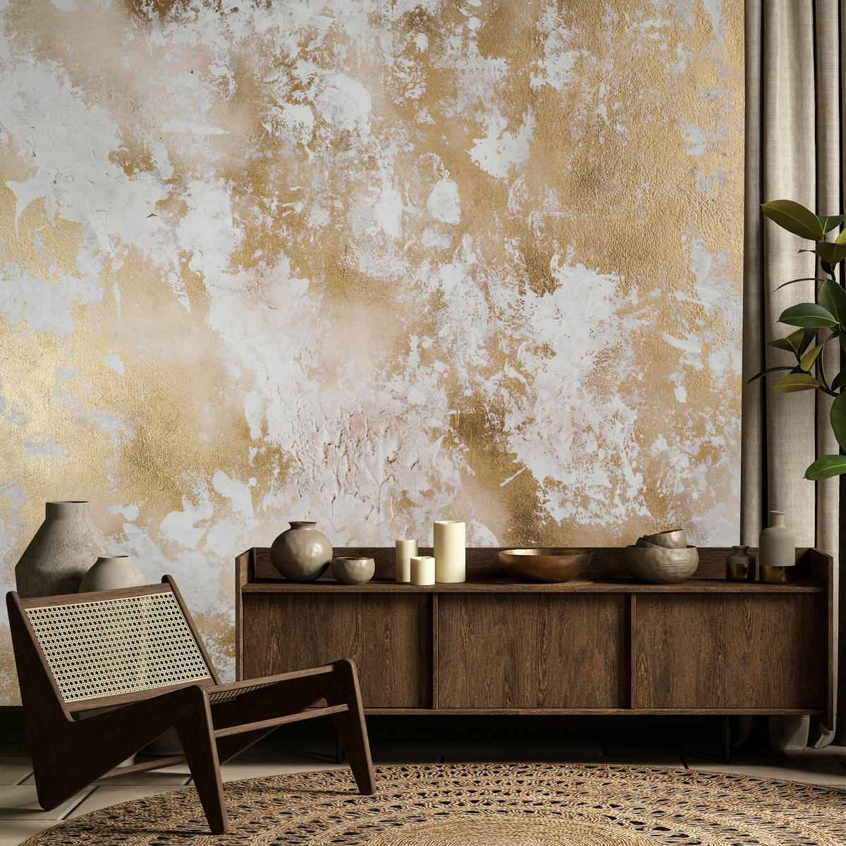 FOTOTAPETE für Wohnzimmer Modern Beton Gold Ornamente 500x350 - Beige/Braun, Papier (500/350cm) - Muralo