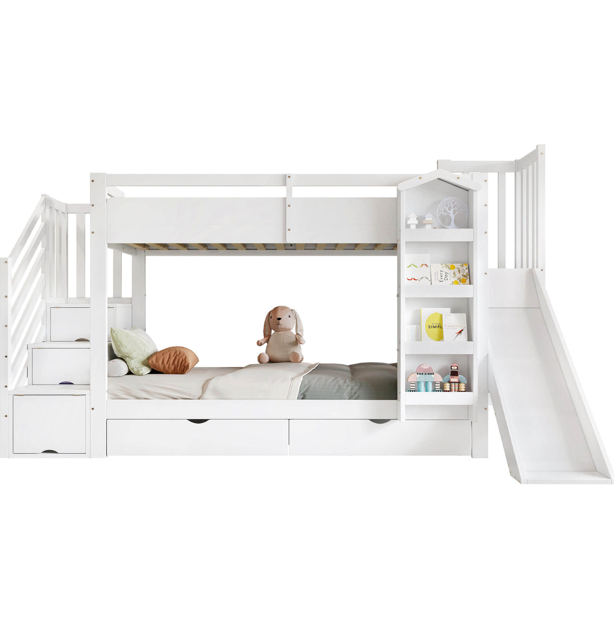 ETAGENBETT 90/200 cm in Weiß mit Rutsche und Treppenregal - Weiß, Holz - BEAOK