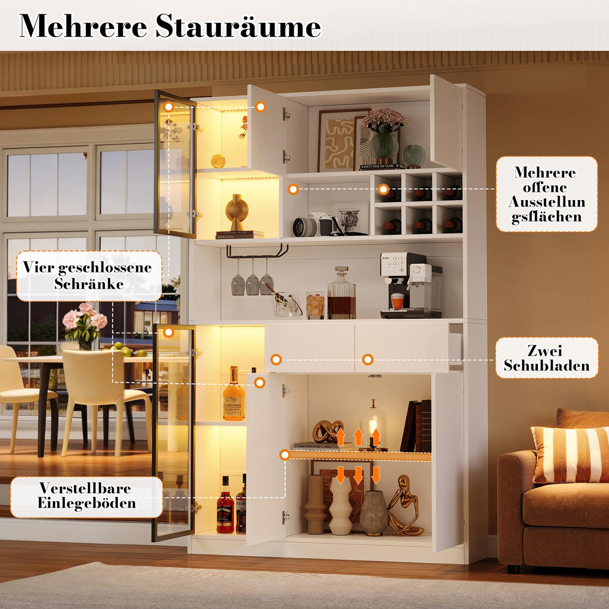 HOCHSCHRANK 120x33x200 cm mit 6 Türen, 2 Schubladen und LED - Weiß, Holzwerkstoff (120/200/33cm) - FLIEKS