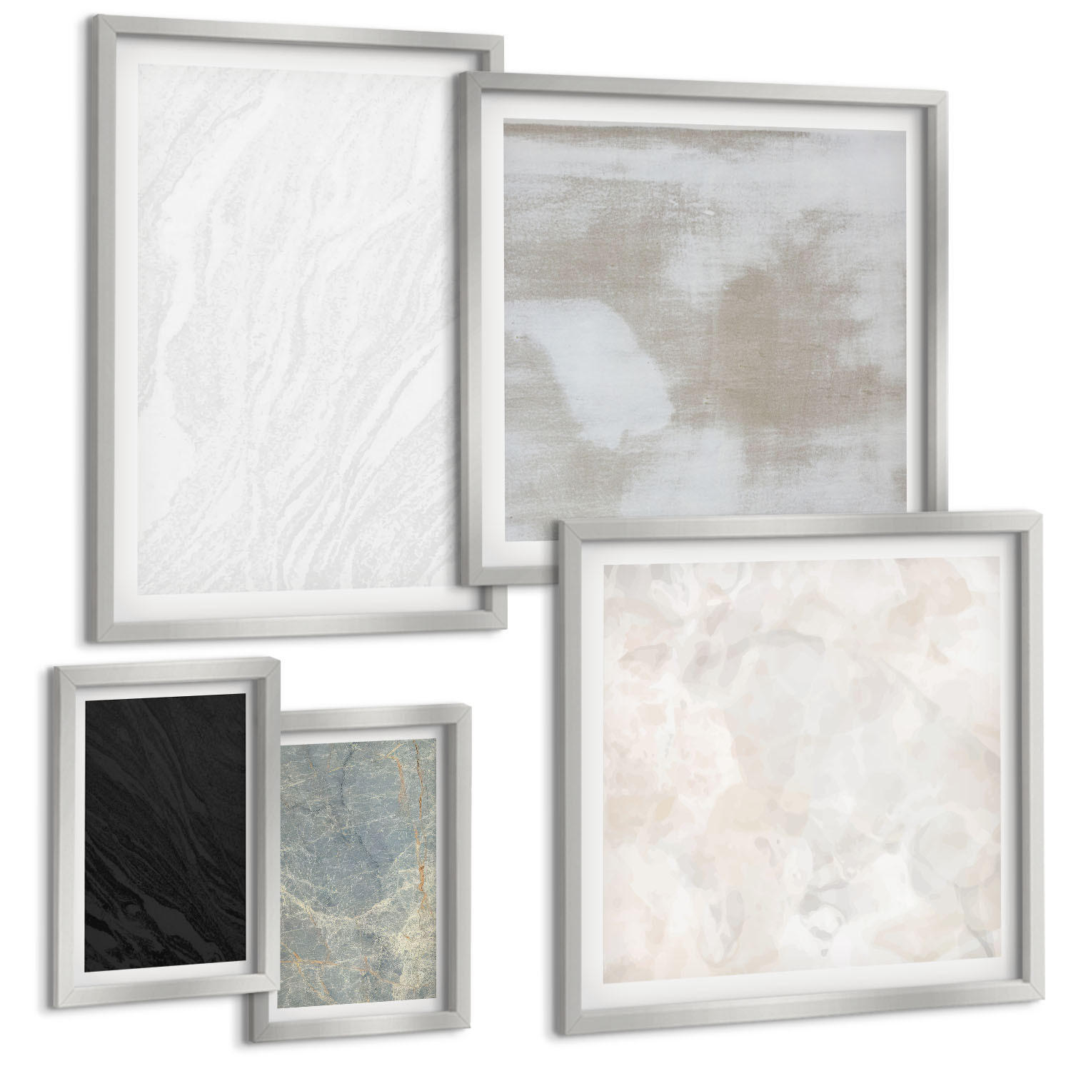 BILDER SET 5er Set - 50x50 cm & 20x30 cm & 40x60 cm Silberner Rahmen - Steintexturen - Silberfarben, Kunststoff (40/60cm) - TULUP