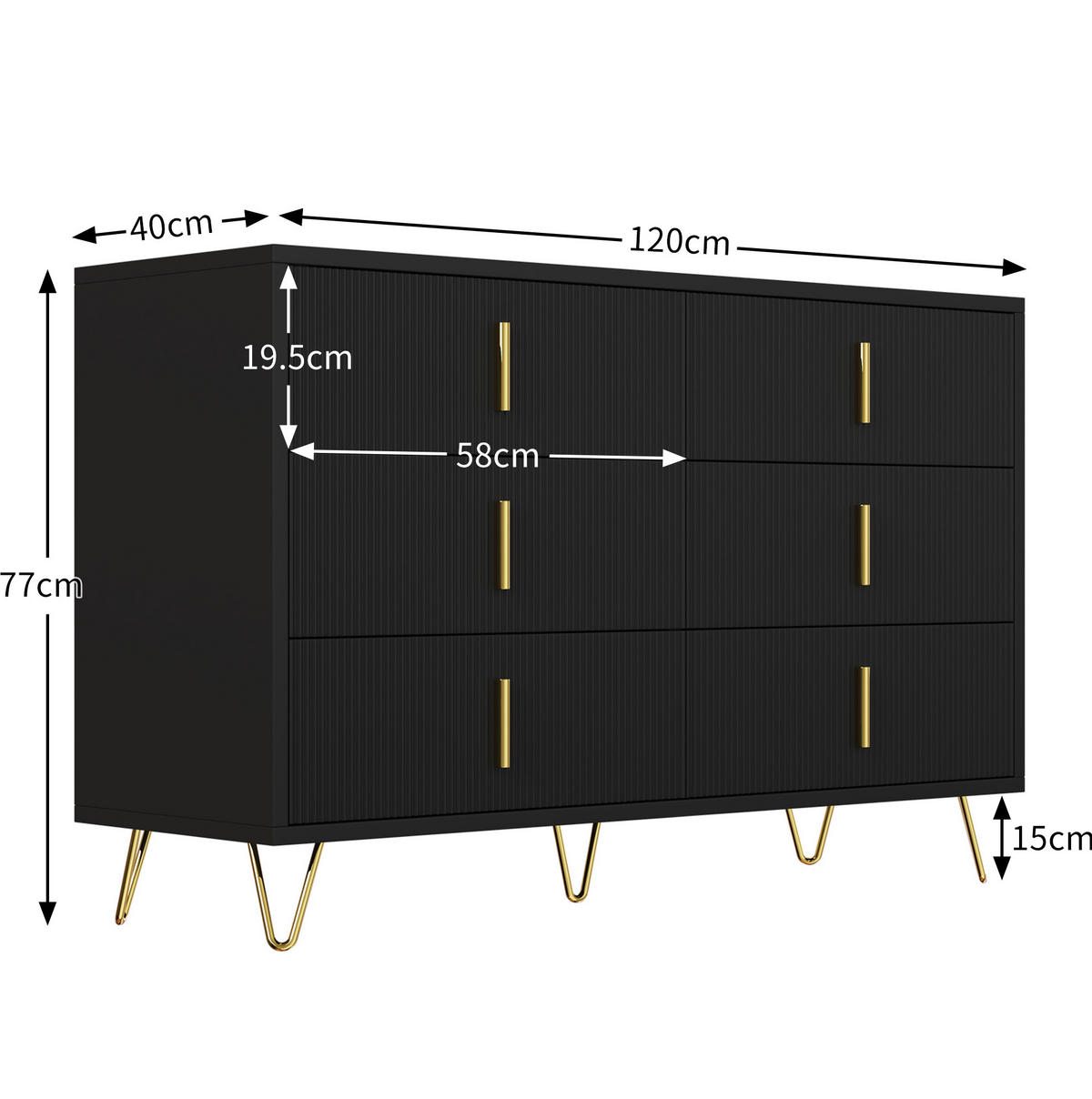 KOMMODE aus Spanplatte 120x77x40cm in Schwarz-Gold - Schwarz, Holzwerkstoff (120/77/40cm) - Modfu