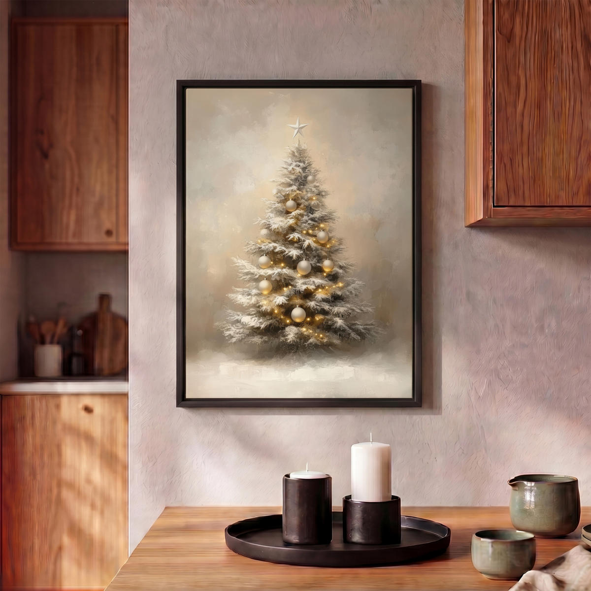 LEINWAND Bilder mit Rahmen - Weihnachten - Weihnachtsbaum - Schnee - Kunst - 30x40 - Champagner, Textil (30/40cm) - MuchoWow