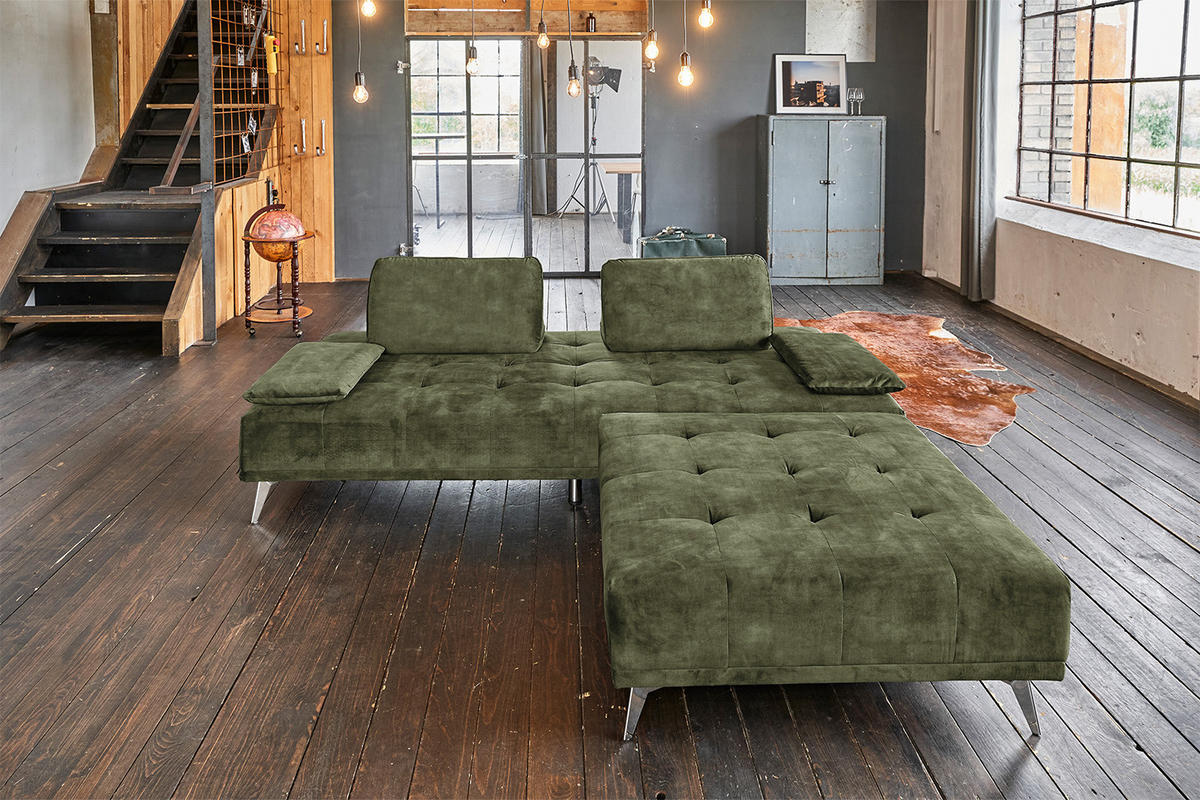 SOFA MIT HOCKER WIOLO Dunkelgrün Velvet - Dunkelgrün/Silberfarben, Textil (240/80/220cm) - KAWOLA