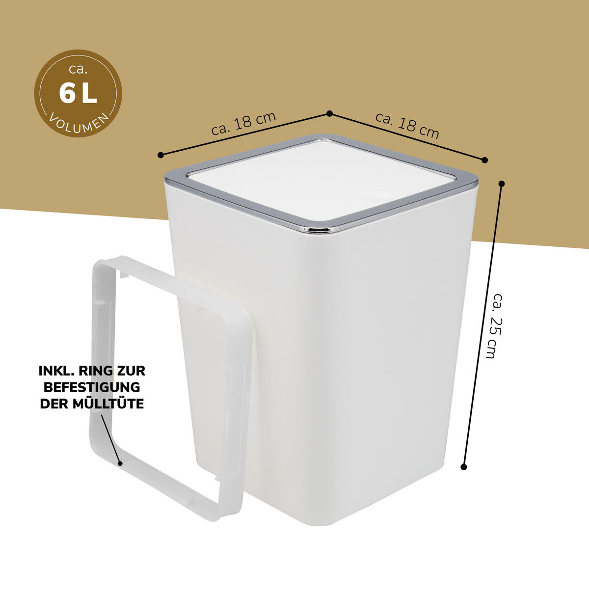 KOSMETIKEIMER SAVONA 6 Liter, weiß, Kunststoff - Weiß, Kunststoff (18/24.5/18cm) - bremermann