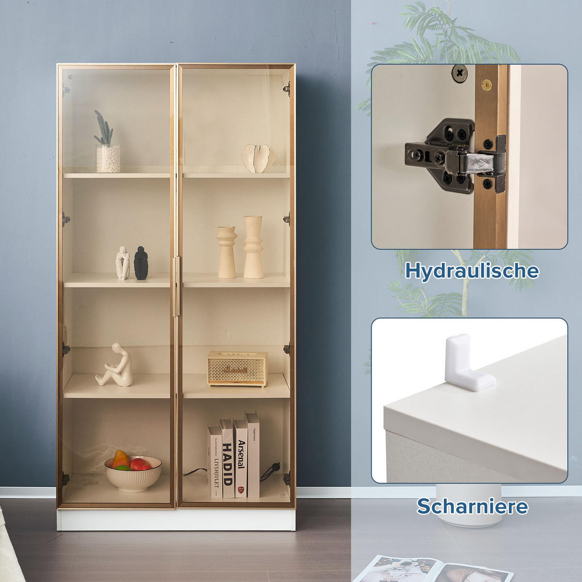 VITRINE 160/40/160 cm mit LED-Beleuchtung, Flügeltüren und verstellbaren Einlegeböden aus Spanplatte, Weiß - Weiß, Holzwerkstoff (160/160/40cm) - Redom