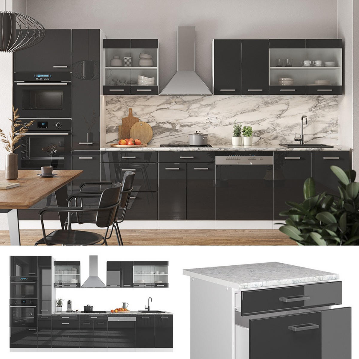 PENTRY R-Line Antracit högblank/vit 350 cm med högskåp, utan bänkskiva - Vit/Svart högglans, Träbaserade material (350/206.8/46cm) - Vicco
